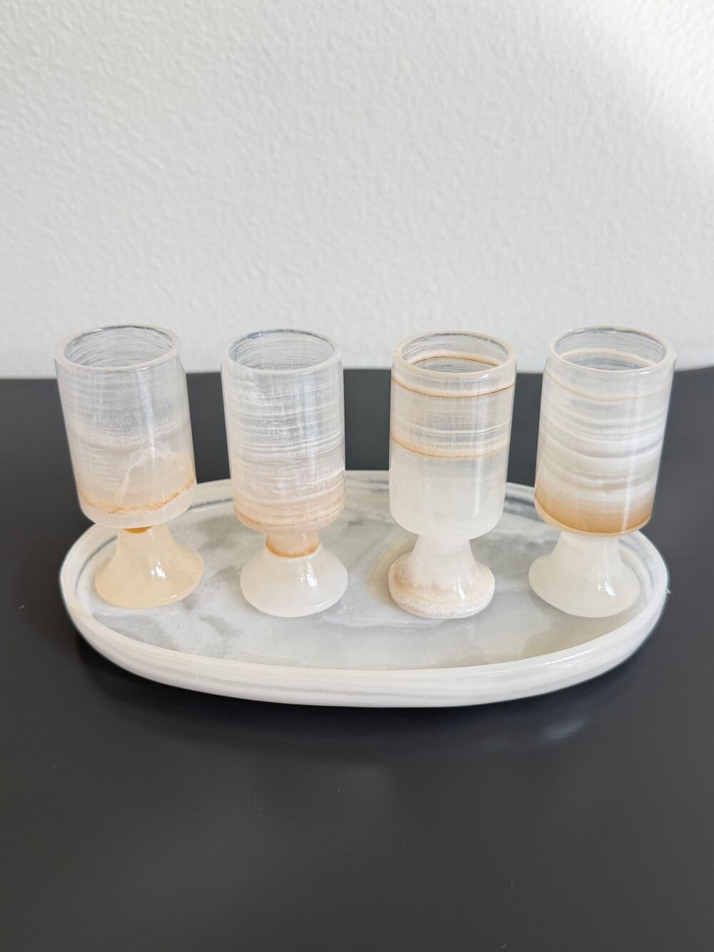 Vintage Onyx Stone Cordial Shot Glass Hand Carved Set 4 Goblets & Oval Tray